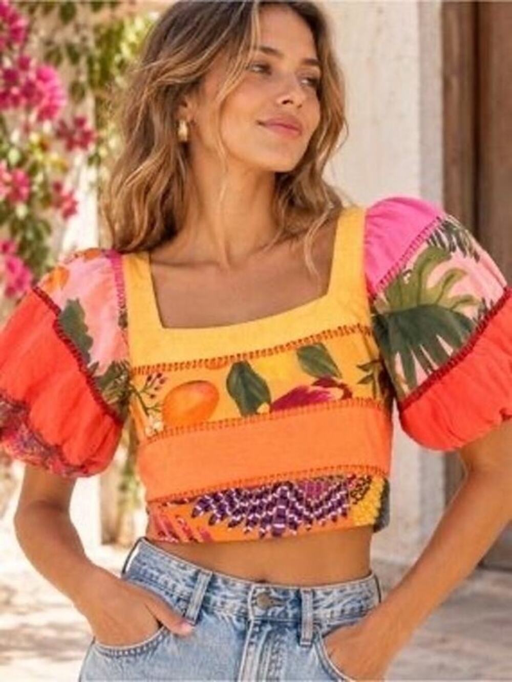 FARM RIO Rainbow Tiered Puff Sleeve Crop Top Size M